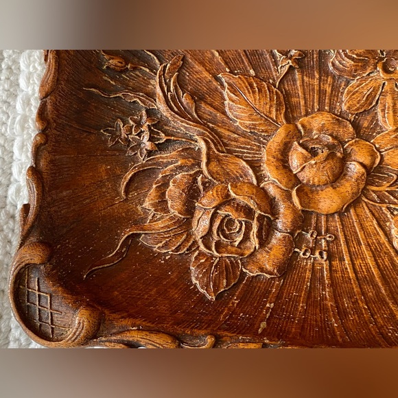 Vintage Resin Faux Wood Carved Floral Dish - Picture 3 of 10